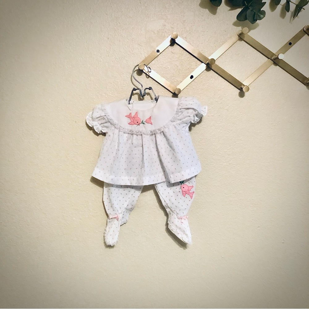 Vintage Baby Girl Pink Floral with Bird 2 PC. Set